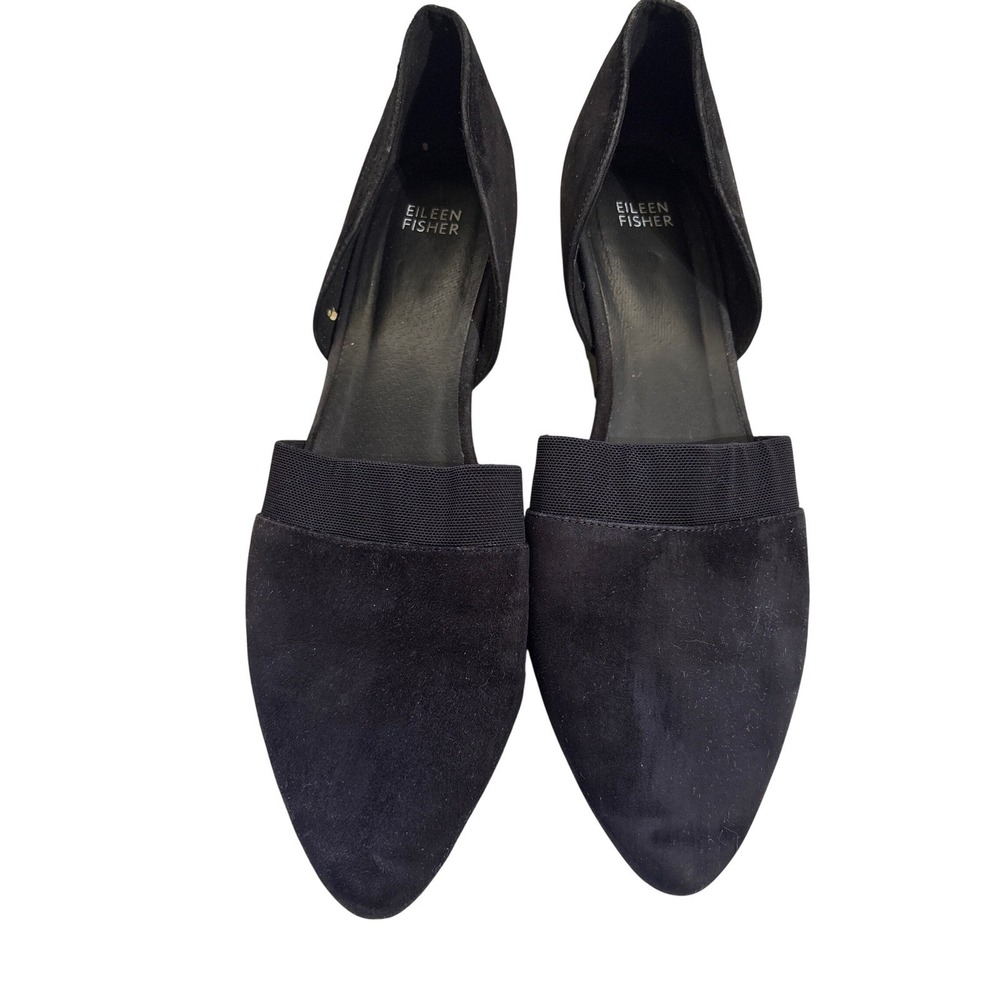 Eileen Fisher Black Suede Pointed Toe Block Heel Elastic Flats - Women's